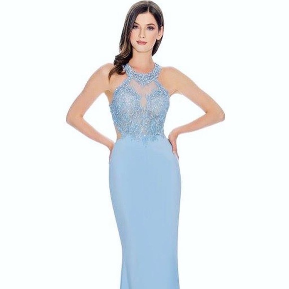 Cachet Beaded Illusion Jersey Halter Sheath Prom Dress Gown - Picture 2 of 5